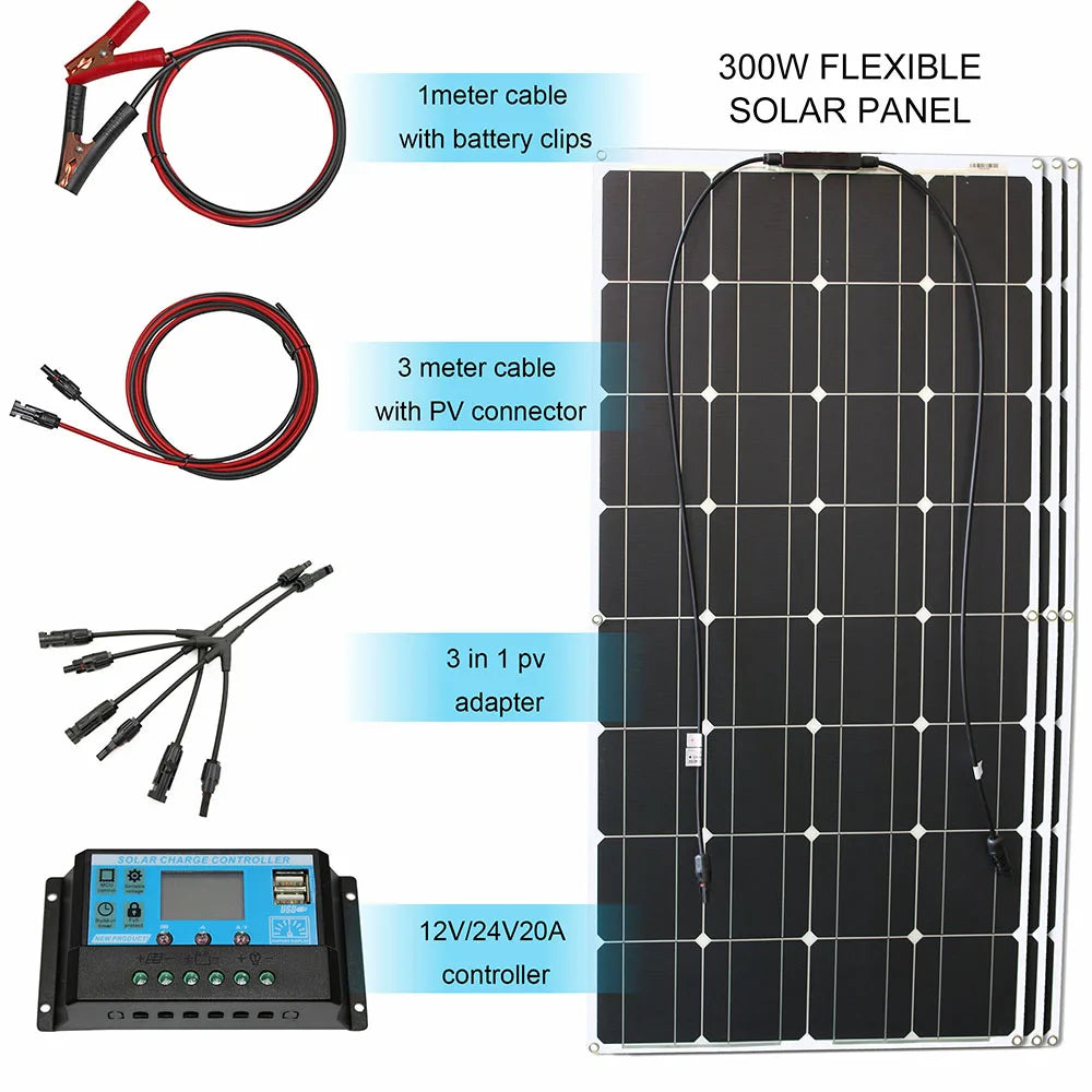 Dgsunlight 12V Flexible Solar Panel Kit 100W 200W 300W