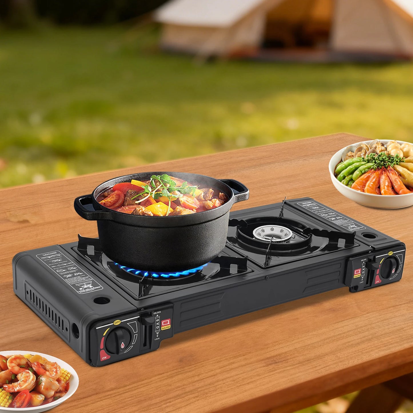 Portable 2 Burner Gas Stove With Piezo Ignition LPG Butane Carry Case