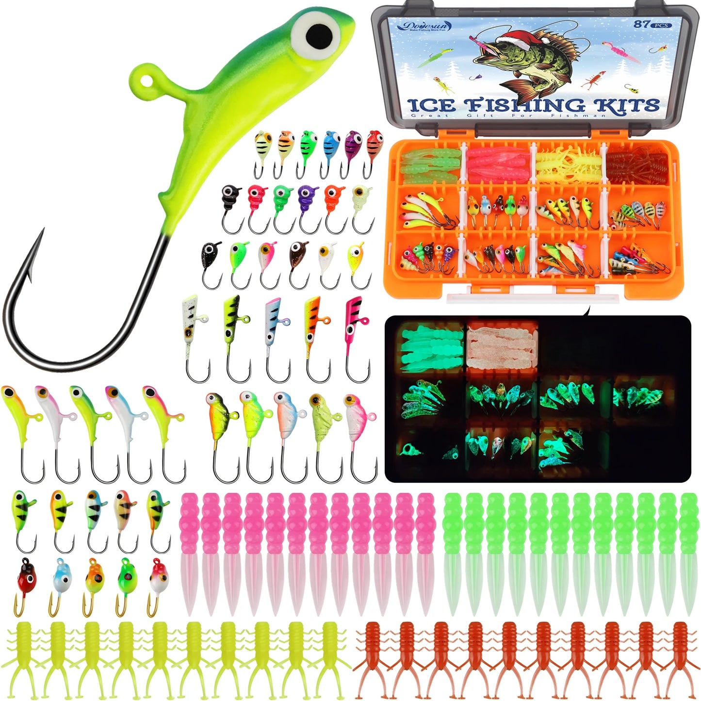 DOVESUN Ice Fishing Jigs Kit With Glow Lures Walleye Crappie
