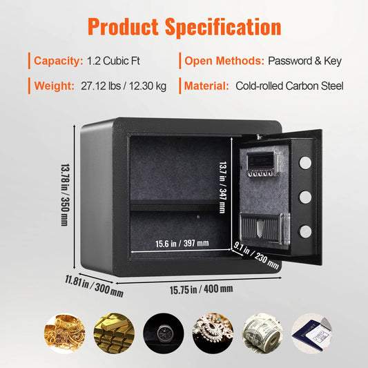 SucceBuy 1.2Cubic Feet Electronic Safe Deposit Safe Box W/ Digital Access & Override Keys for Money Gun Jewelry Document Home