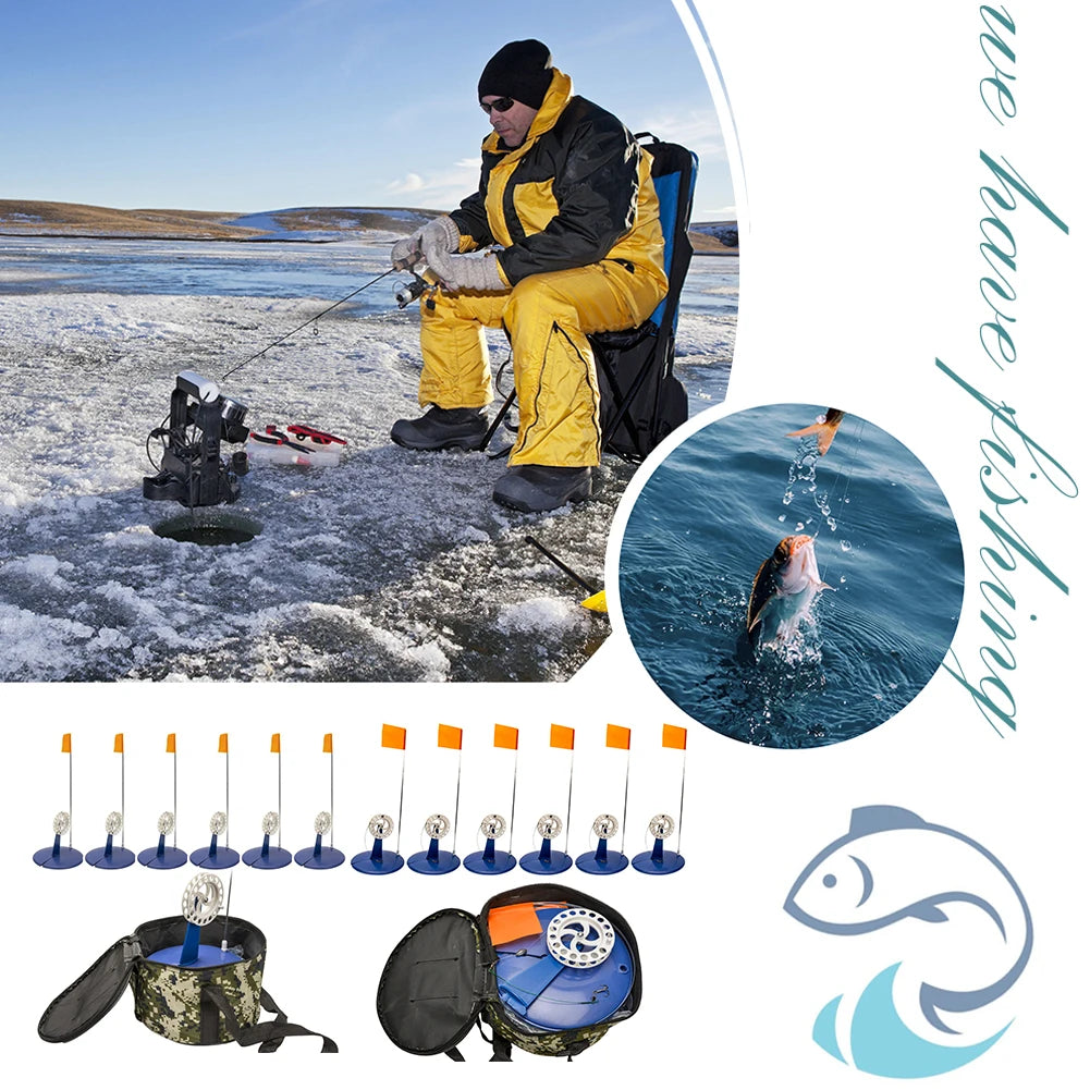 VKTECH Ice Fishing Flag 6pcs Tip Up Poles Braking System