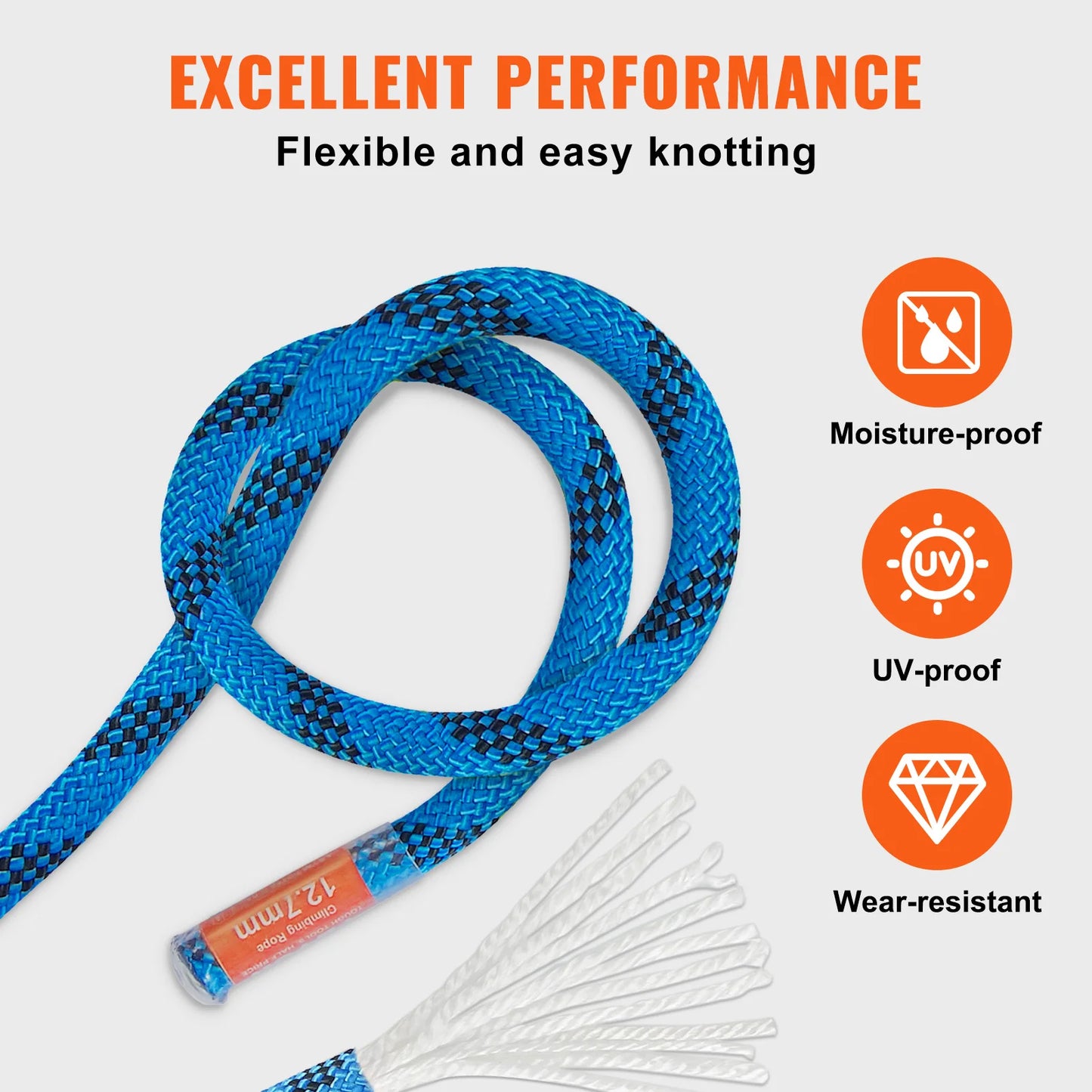 VEVOR Static Climbing Rope 30KN Breaking Strength with Steel Snap Hooks