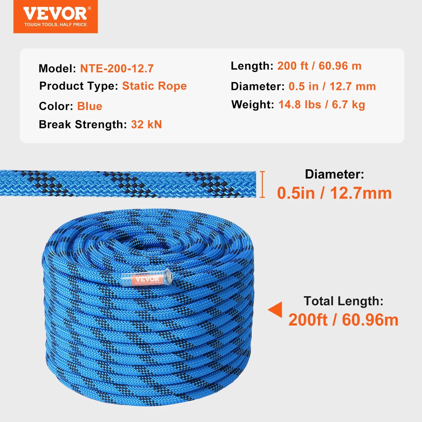 VEVOR Static Climbing Rope 30KN Breaking Strength with Steel Snap Hooks
