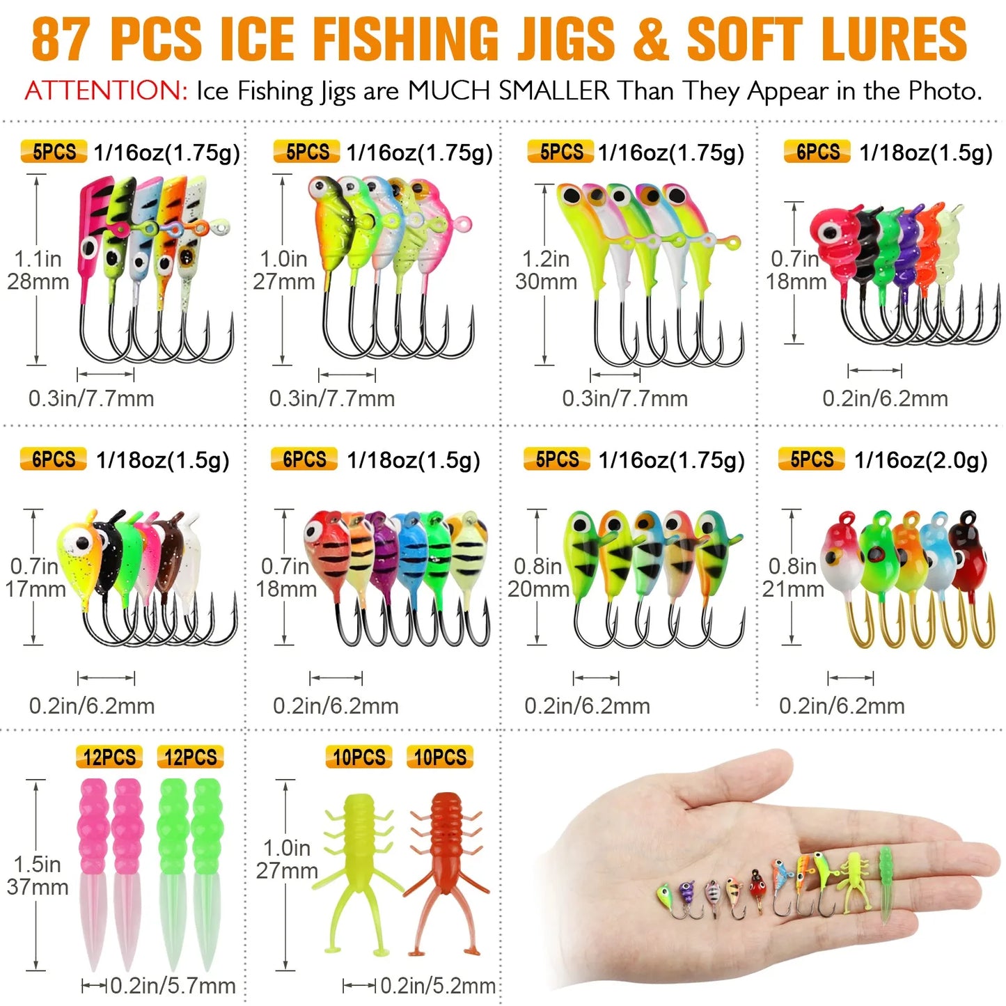 DOVESUN Ice Fishing Jigs Kit With Glow Lures Walleye Crappie