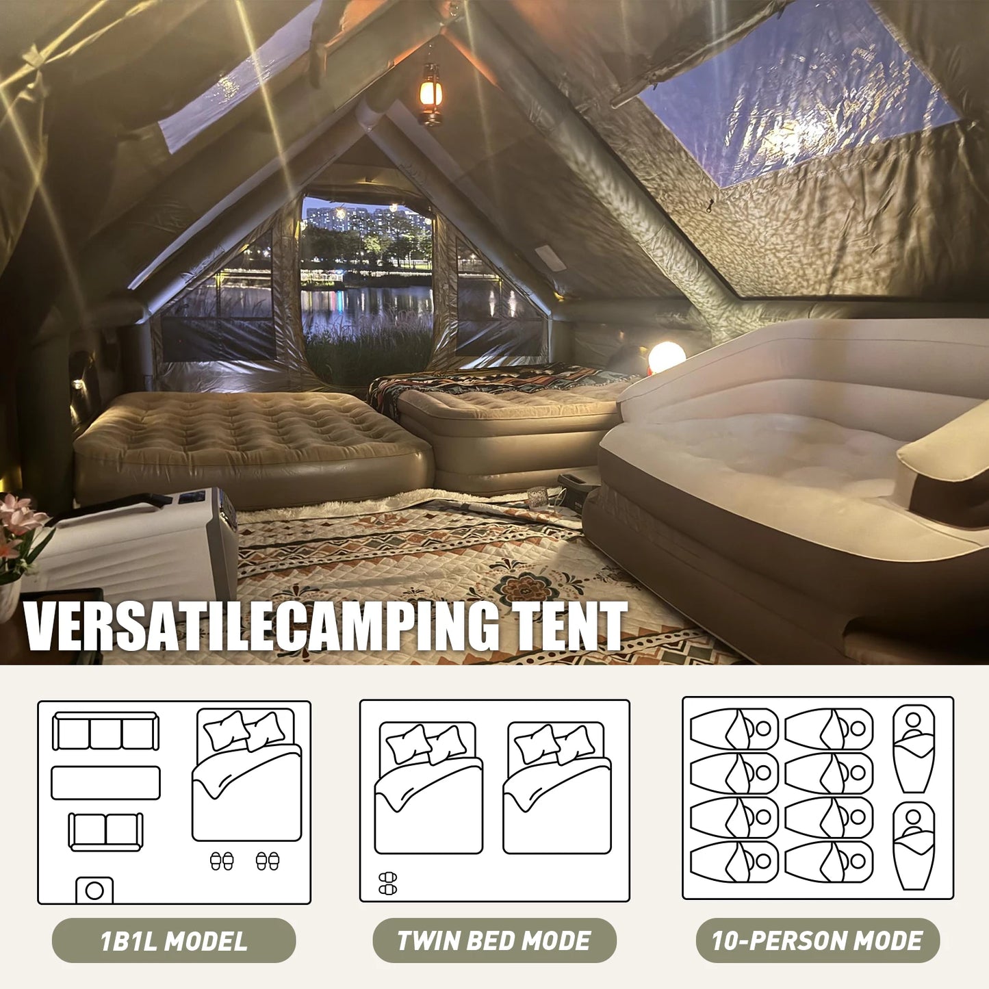 SENLEETO Waterproof Inflatable Camping Tent 4 Season Glamping With Chimney