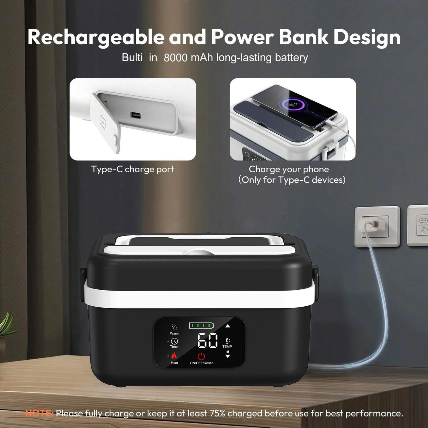 Feature Wireless Heated Lunch Box 8000mAh Battery 60W 1L
