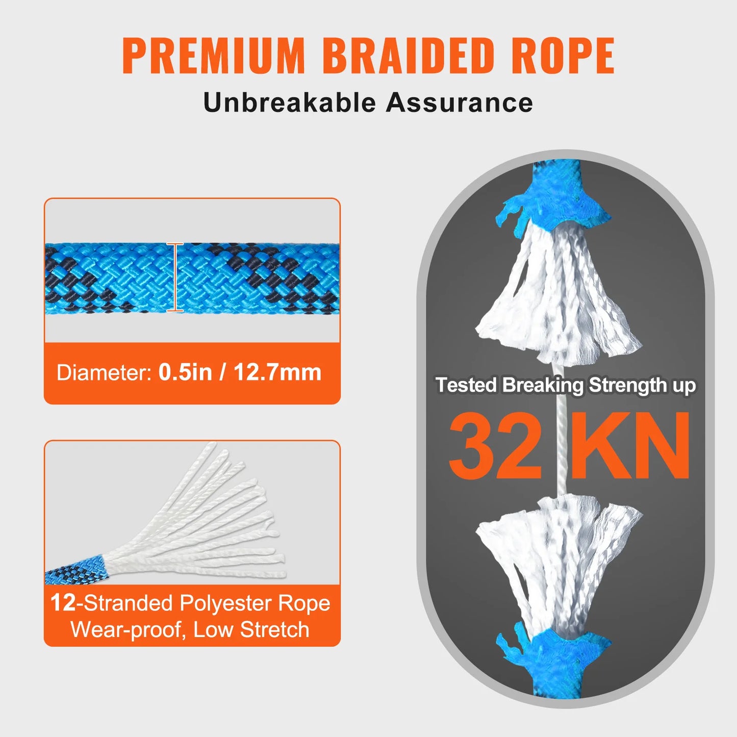 VEVOR Static Climbing Rope 30KN Breaking Strength with Steel Snap Hooks