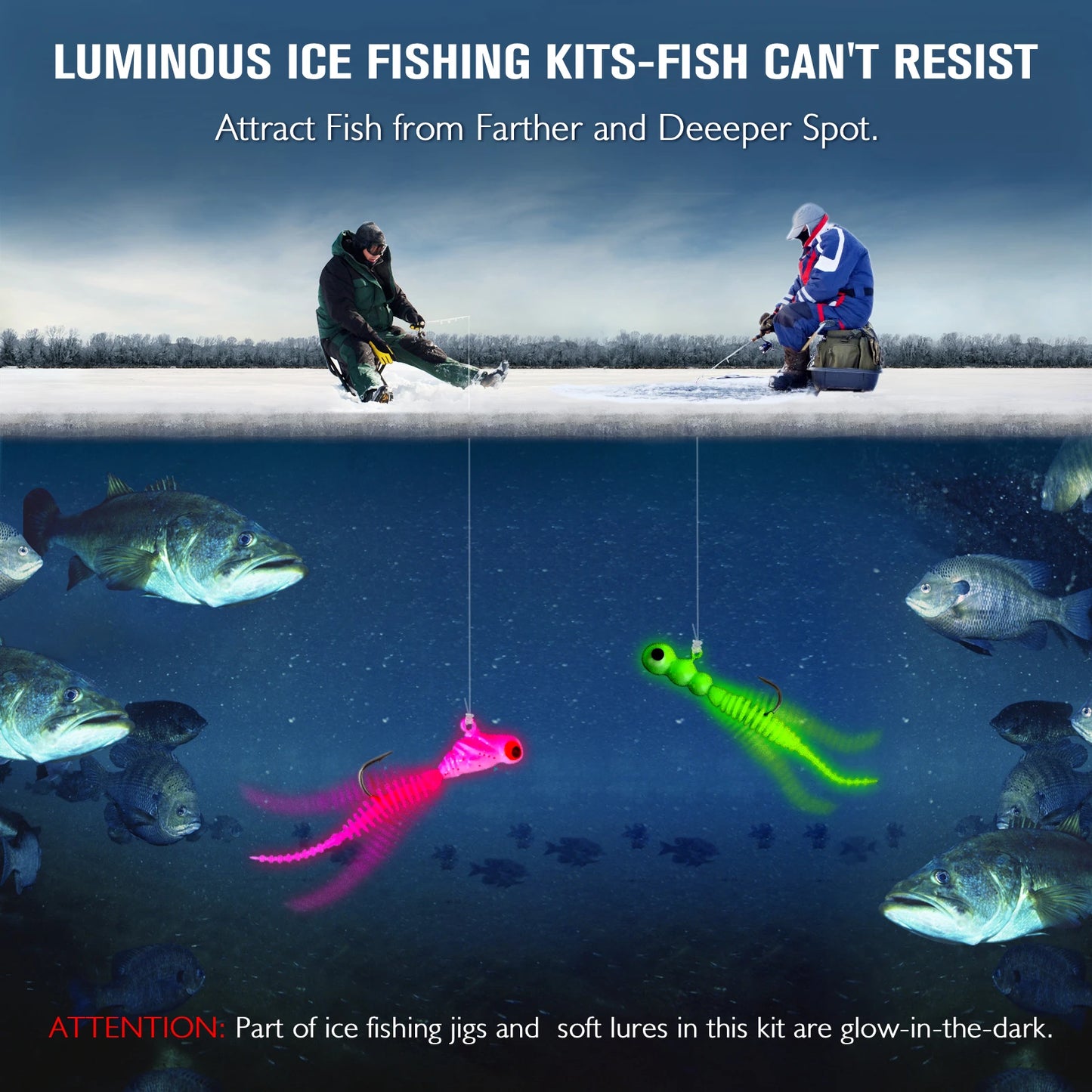 DOVESUN 93Pcs Ice Fishing Jigs Kit Glow in the Dark