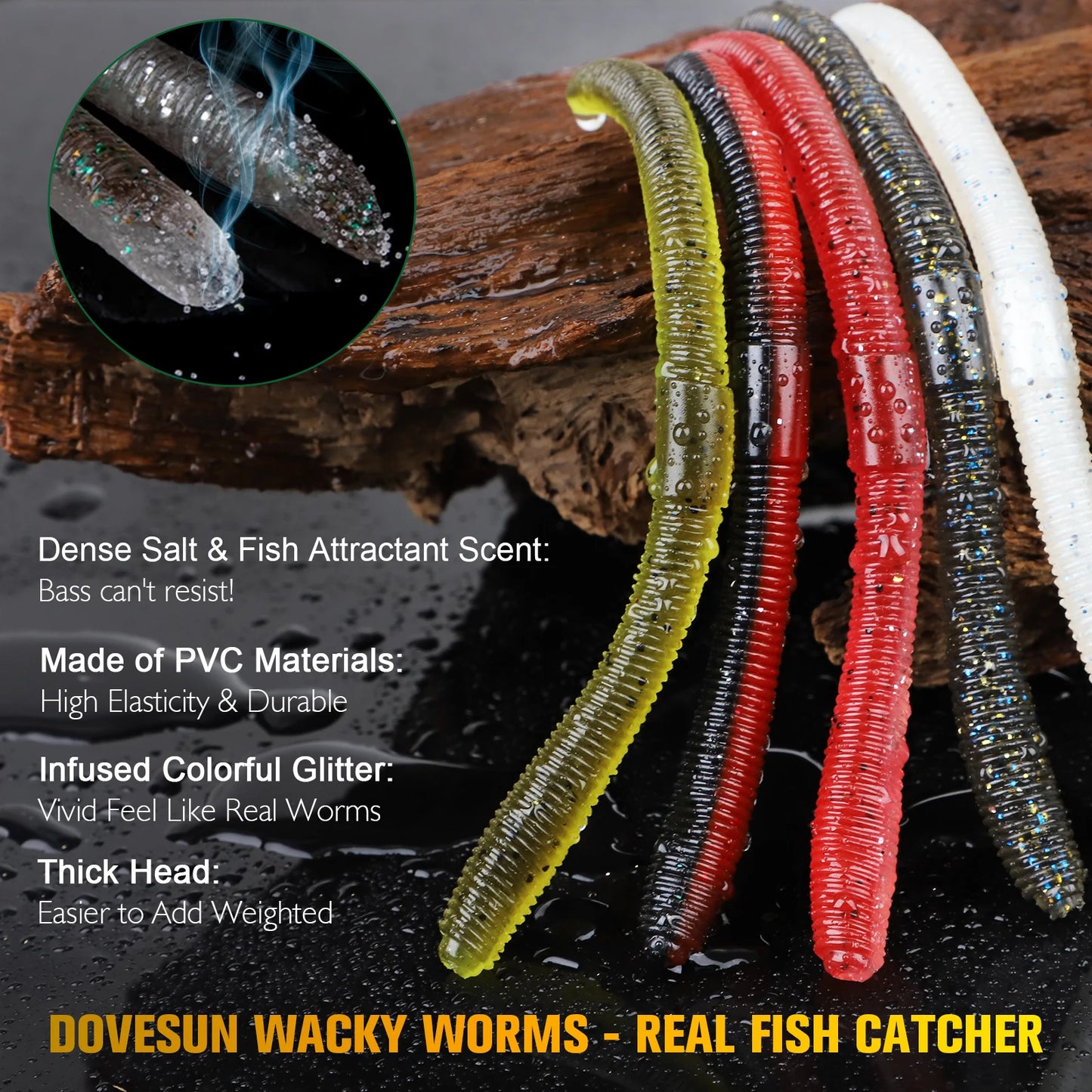 Dovesun 50Pcs Wacky Worm Bass Trout Fishing Lures Kit