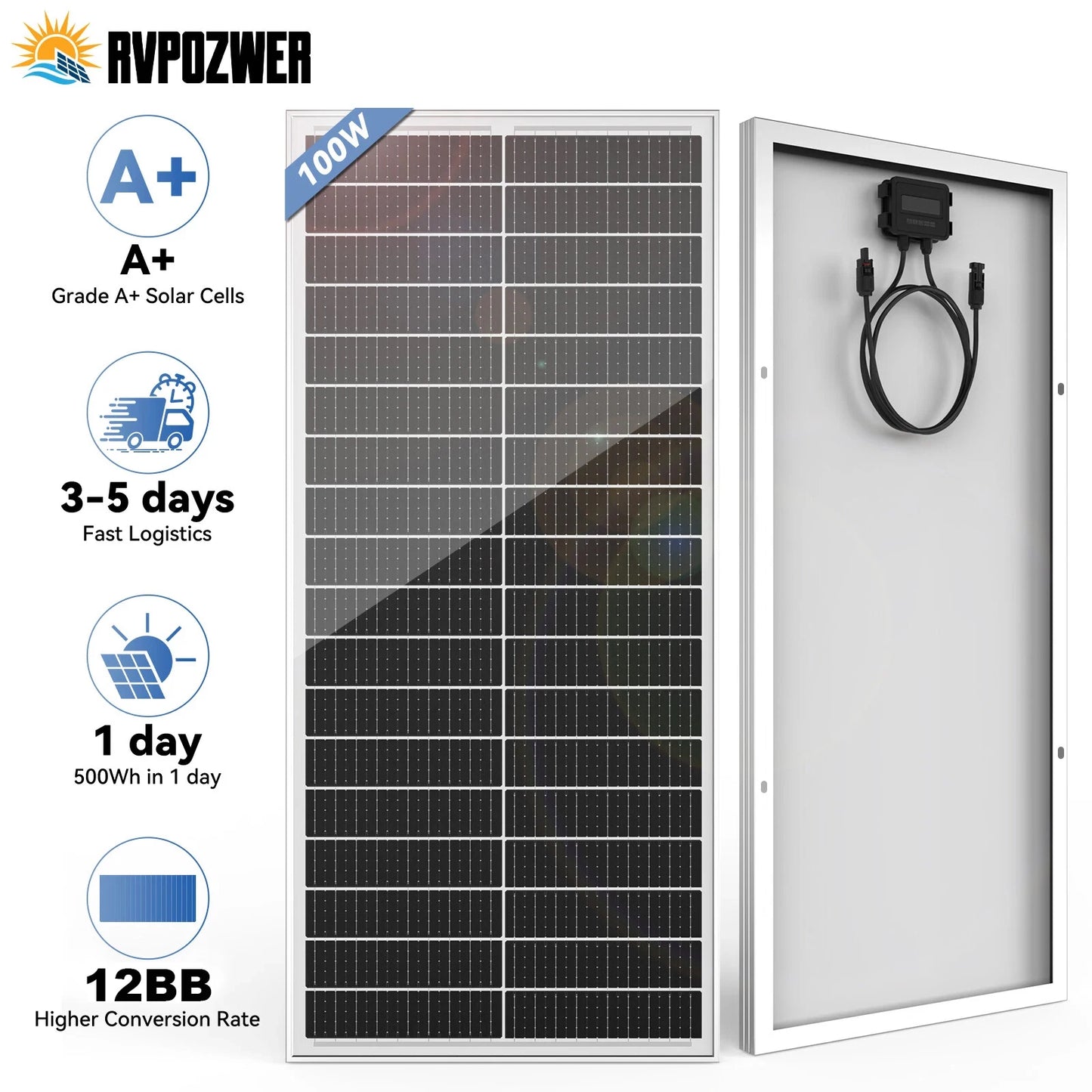 Rvpozwer 100W 12V Monocrystalline Solar Panel For RV Trailers