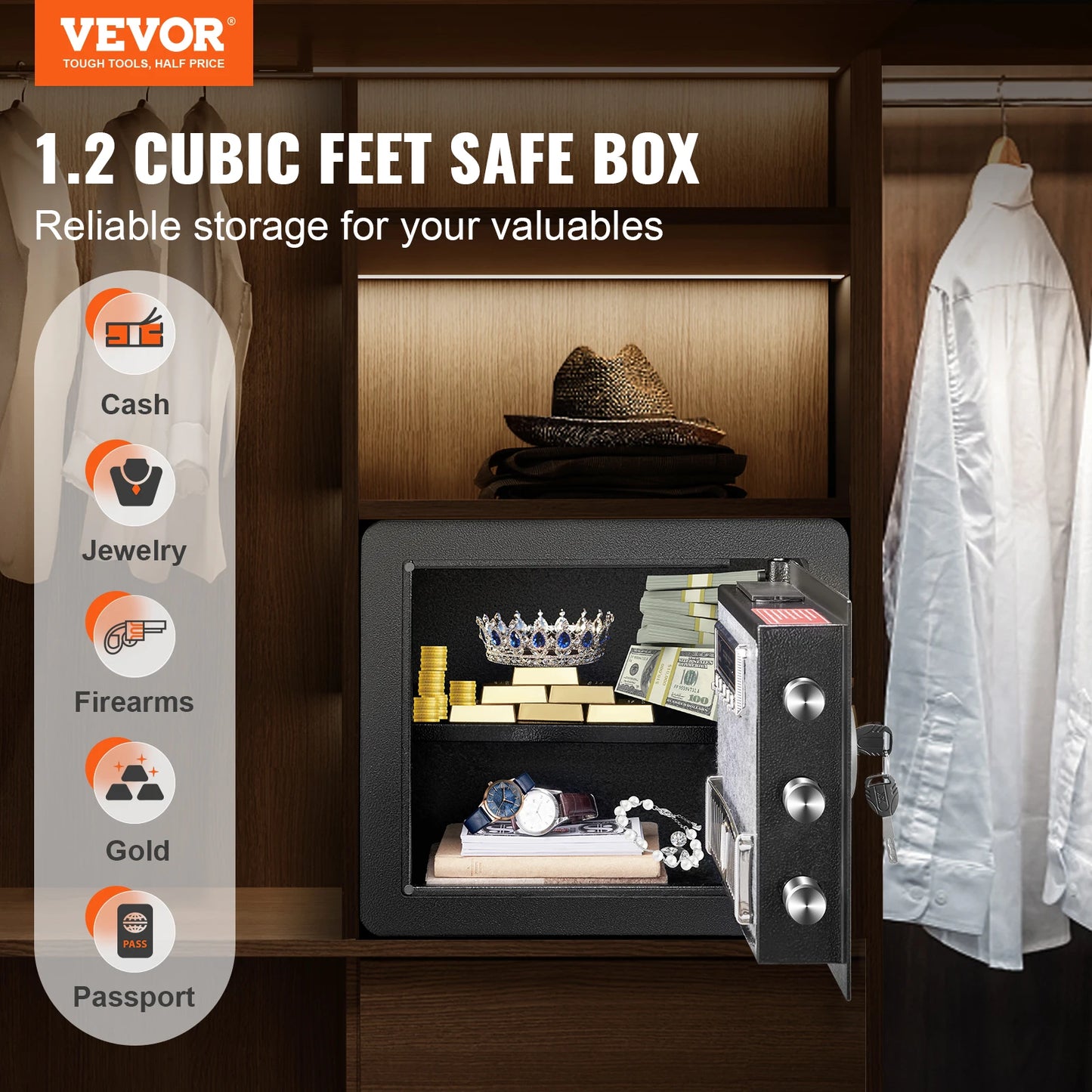 SucceBuy 1.2Cubic Feet Electronic Safe Deposit Safe Box W/ Digital Access & Override Keys for Money Gun Jewelry Document Home