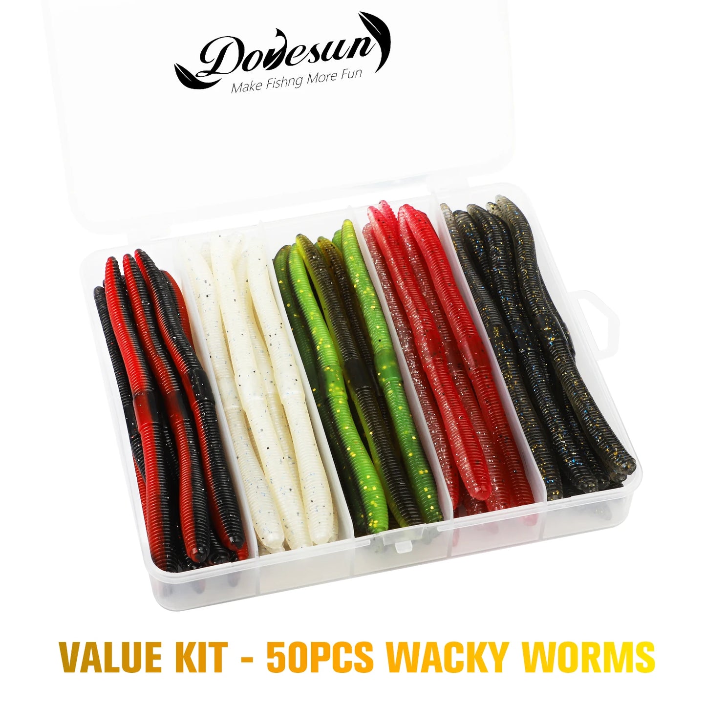 Dovesun 50Pcs Wacky Worm Bass Trout Fishing Lures Kit