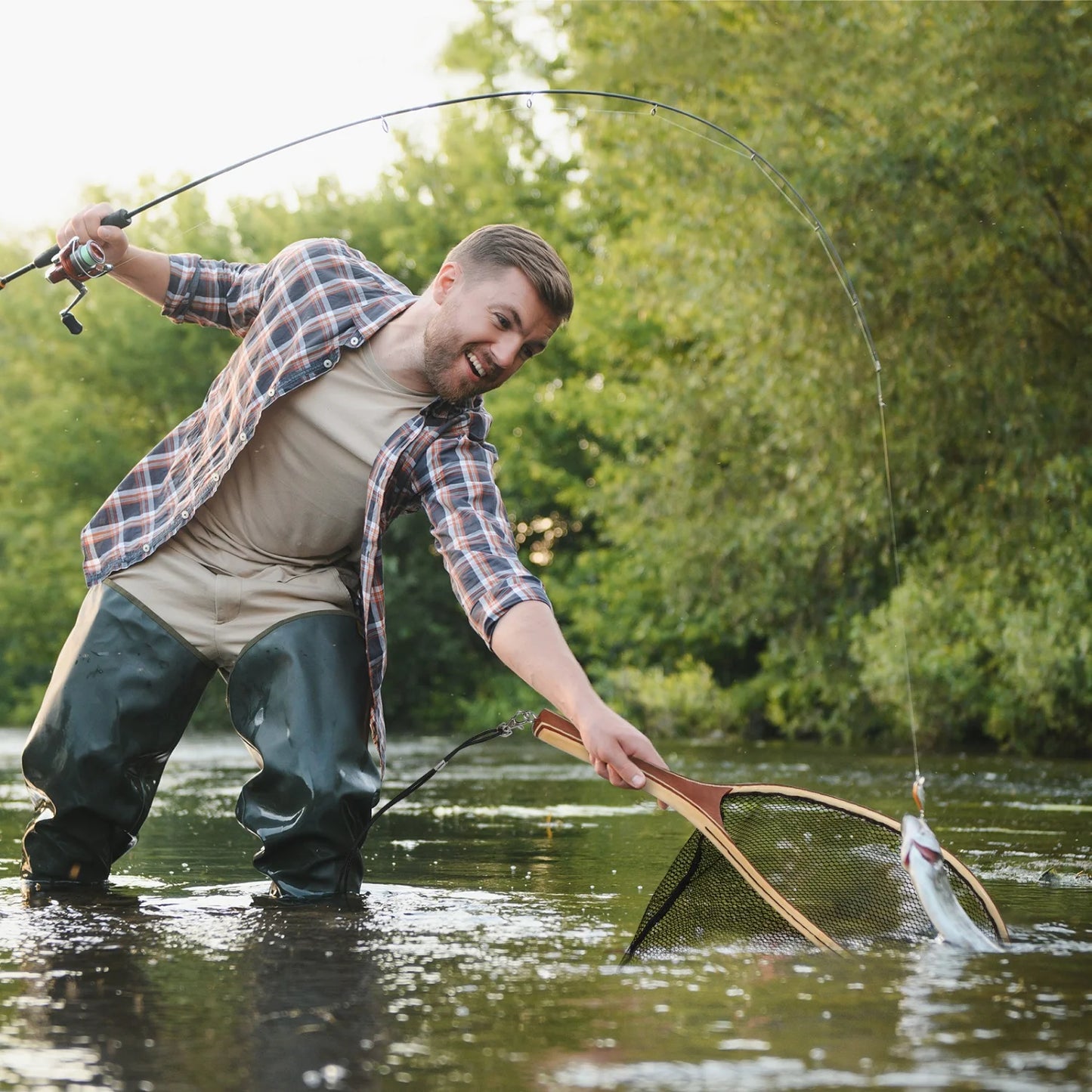 HiMISSH Wooden Frame Trout Fly Fishing Landing Net For Catch And Release