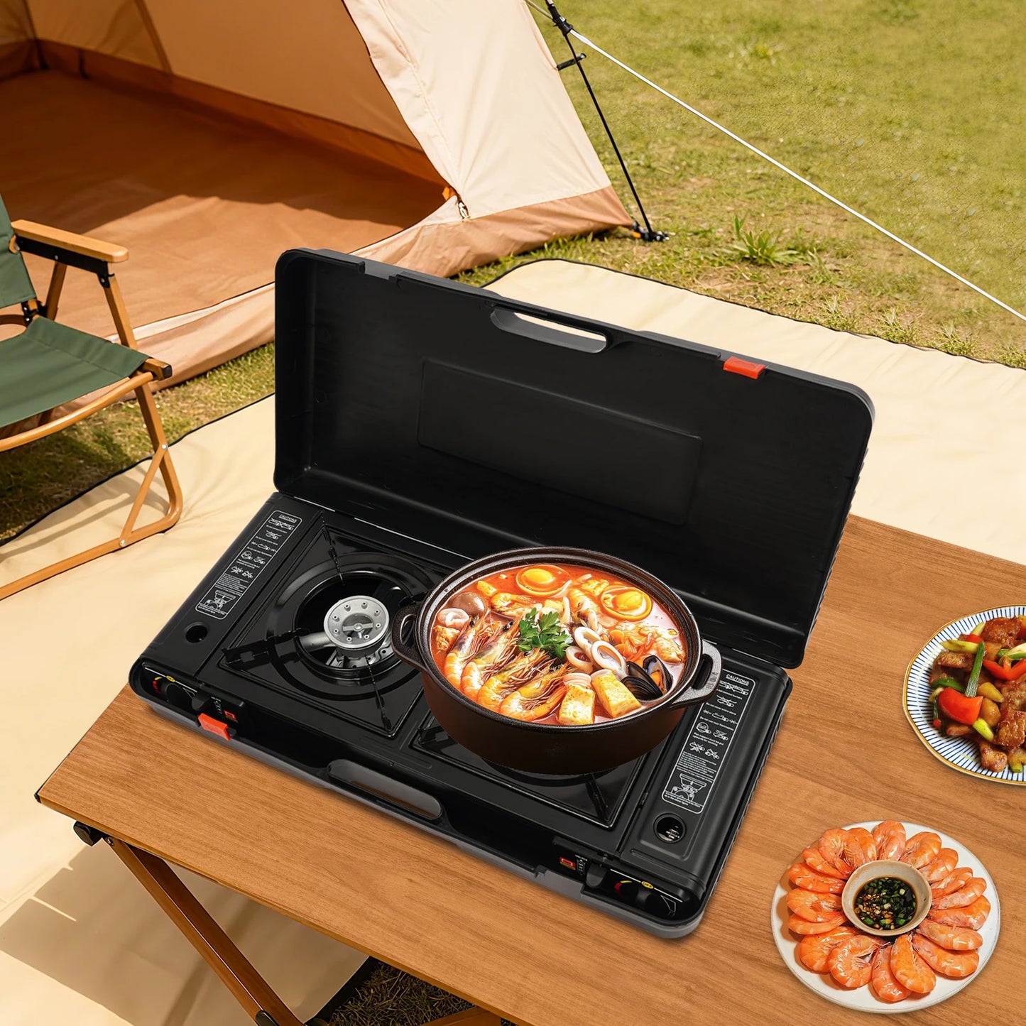 Portable 2 Burner Gas Stove With Piezo Ignition LPG Butane Carry Case