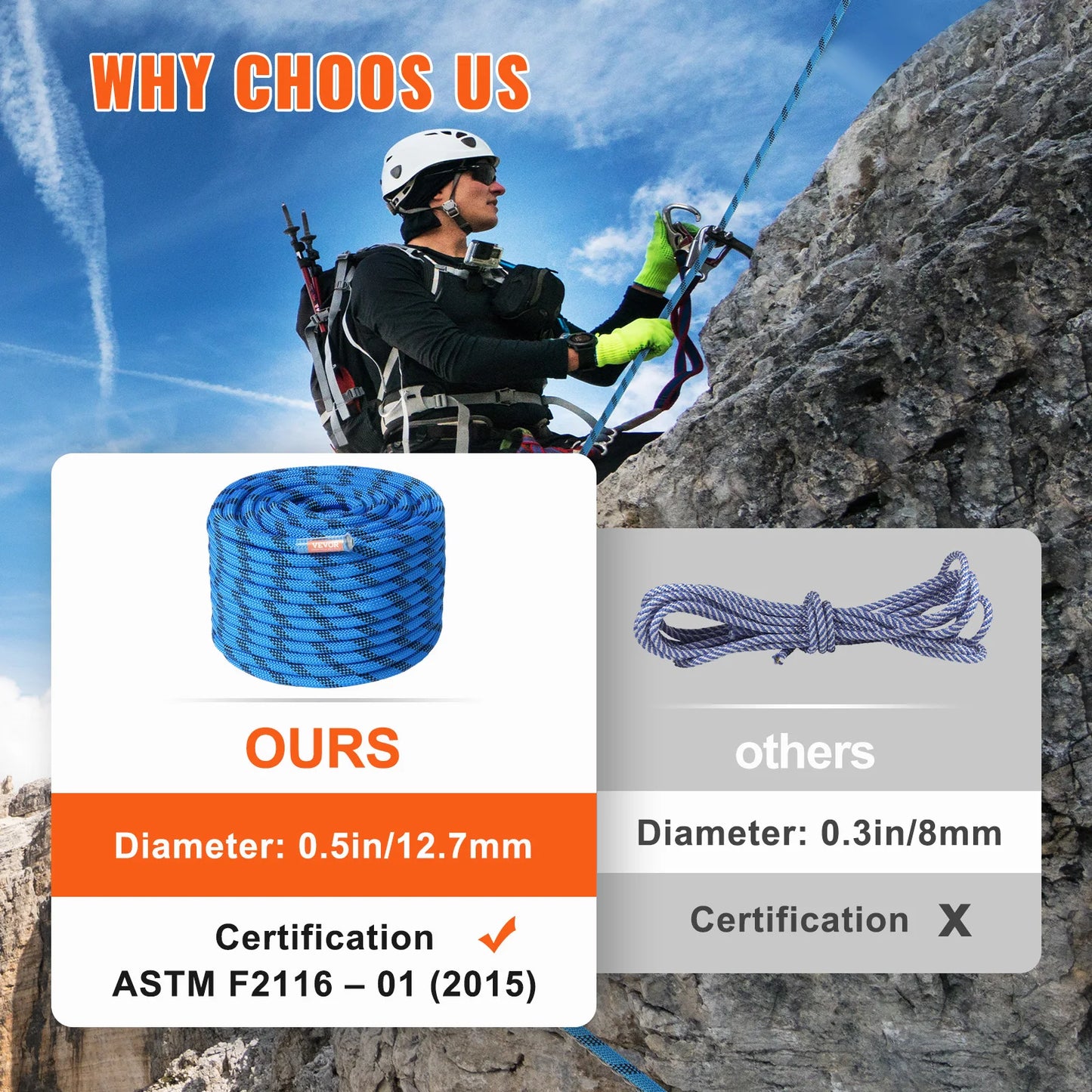 VEVOR Static Climbing Rope 30KN Breaking Strength with Steel Snap Hooks