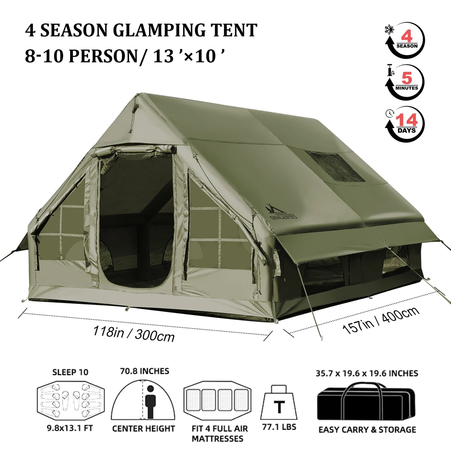SENLEETO Waterproof Inflatable Camping Tent 4 Season Glamping With Chimney