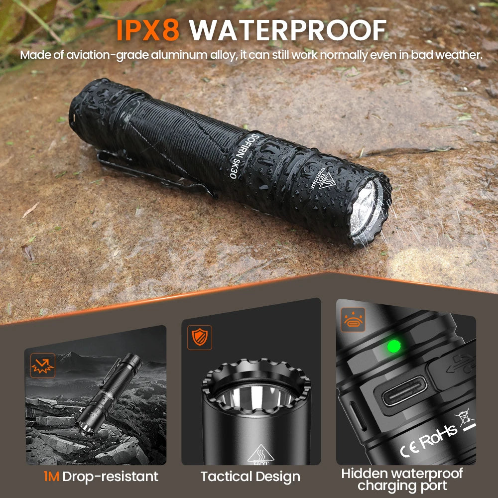 Sofirn SK30 2800LM Tactical Flashlight USB C 21700 Battery Rechargeable