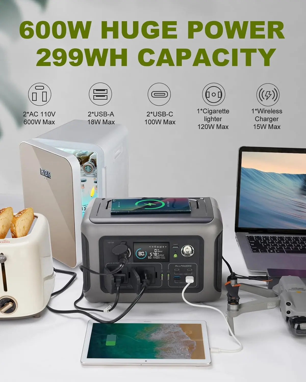 ALLPOWERS R600 Solar Generator 600W 299Wh LiFePO4 Portable