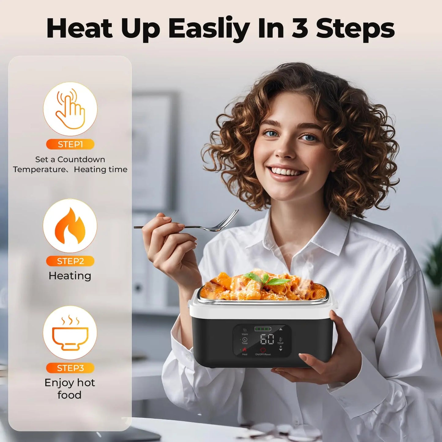 Feature Wireless Heated Lunch Box 8000mAh Battery 60W 1L