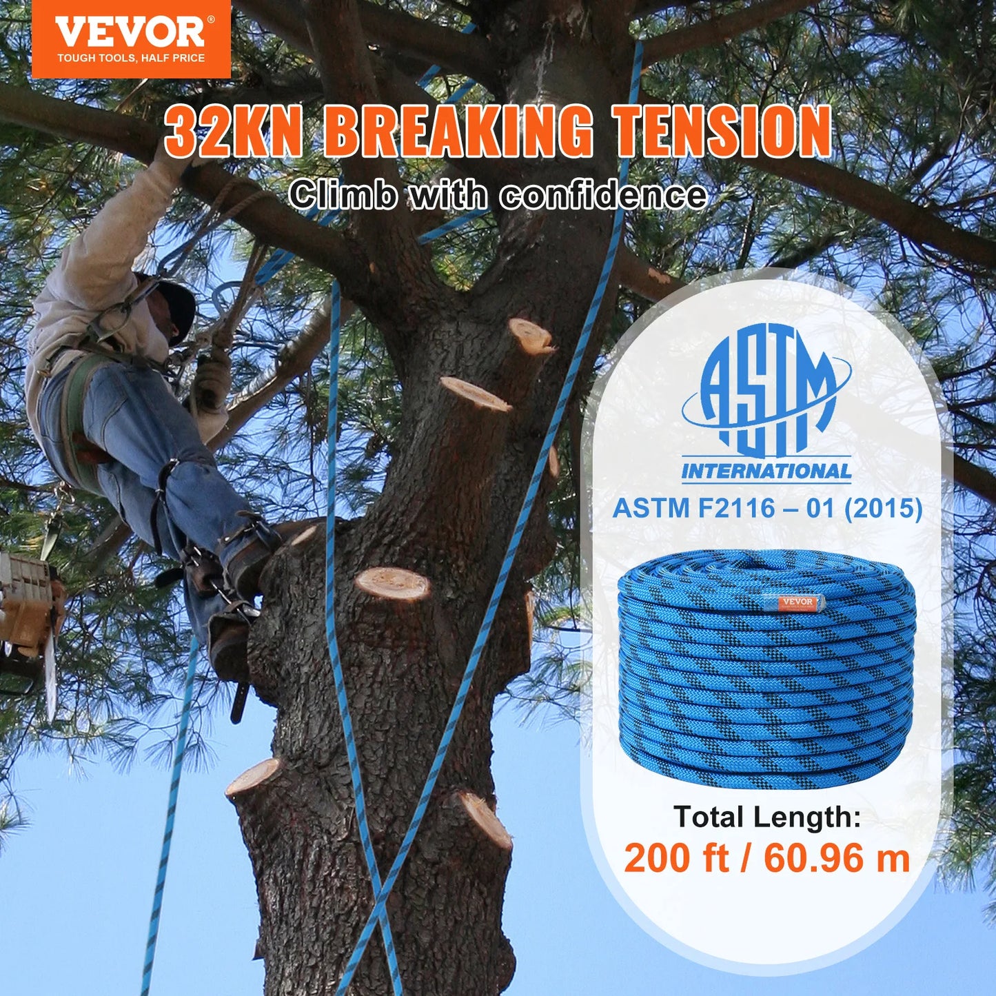 VEVOR Static Climbing Rope 30KN Breaking Strength with Steel Snap Hooks