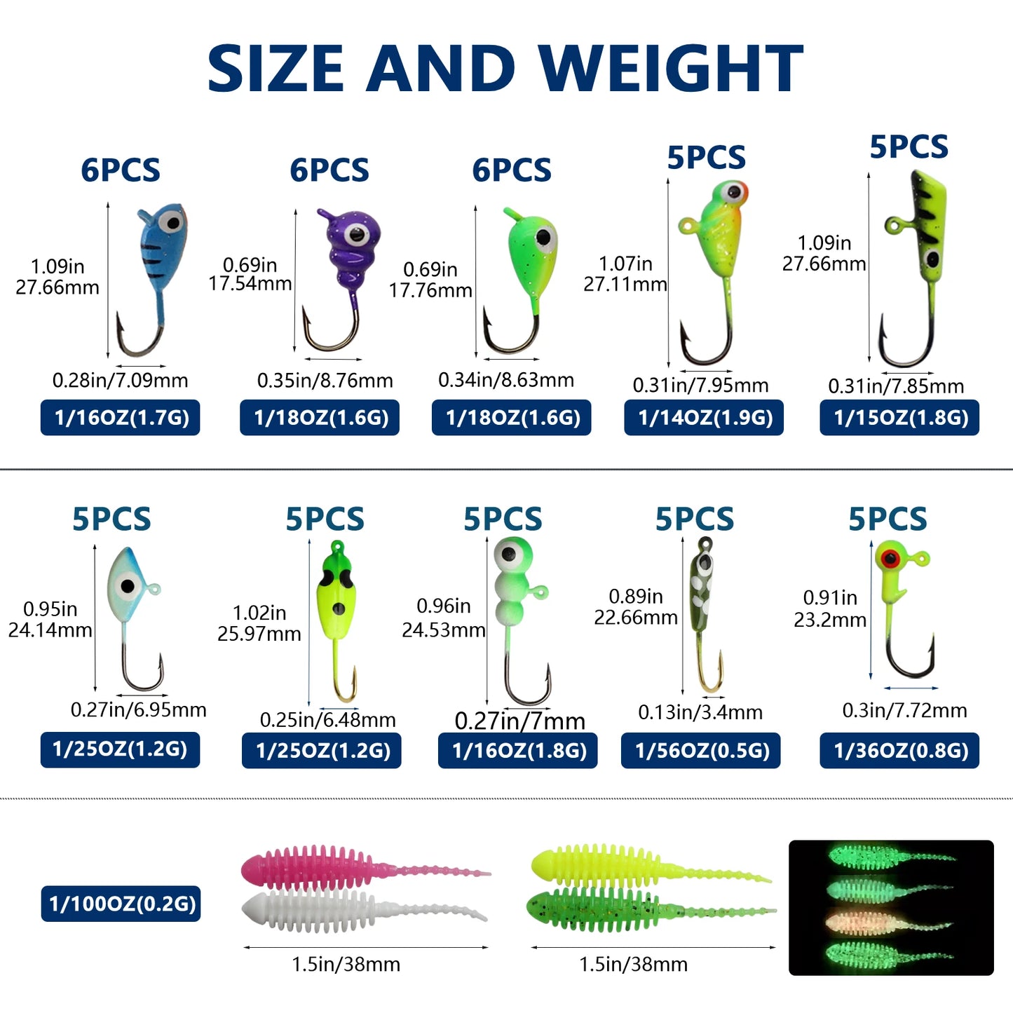 DOVESUN 93Pcs Ice Fishing Jigs Kit Glow in the Dark
