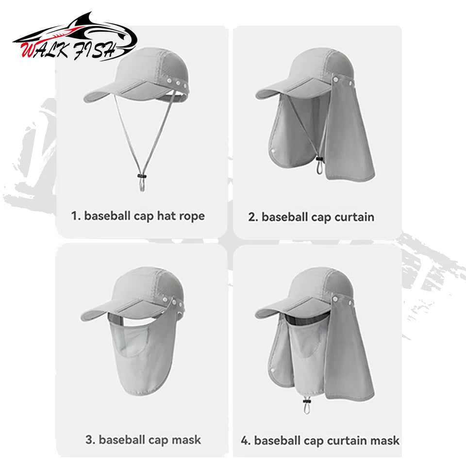 WALK FISH Fishing Cap UPF50+ Summer Sports Breathable Fashion Foldable Cap Sweat Absorption Full Face Sunscreen Hat