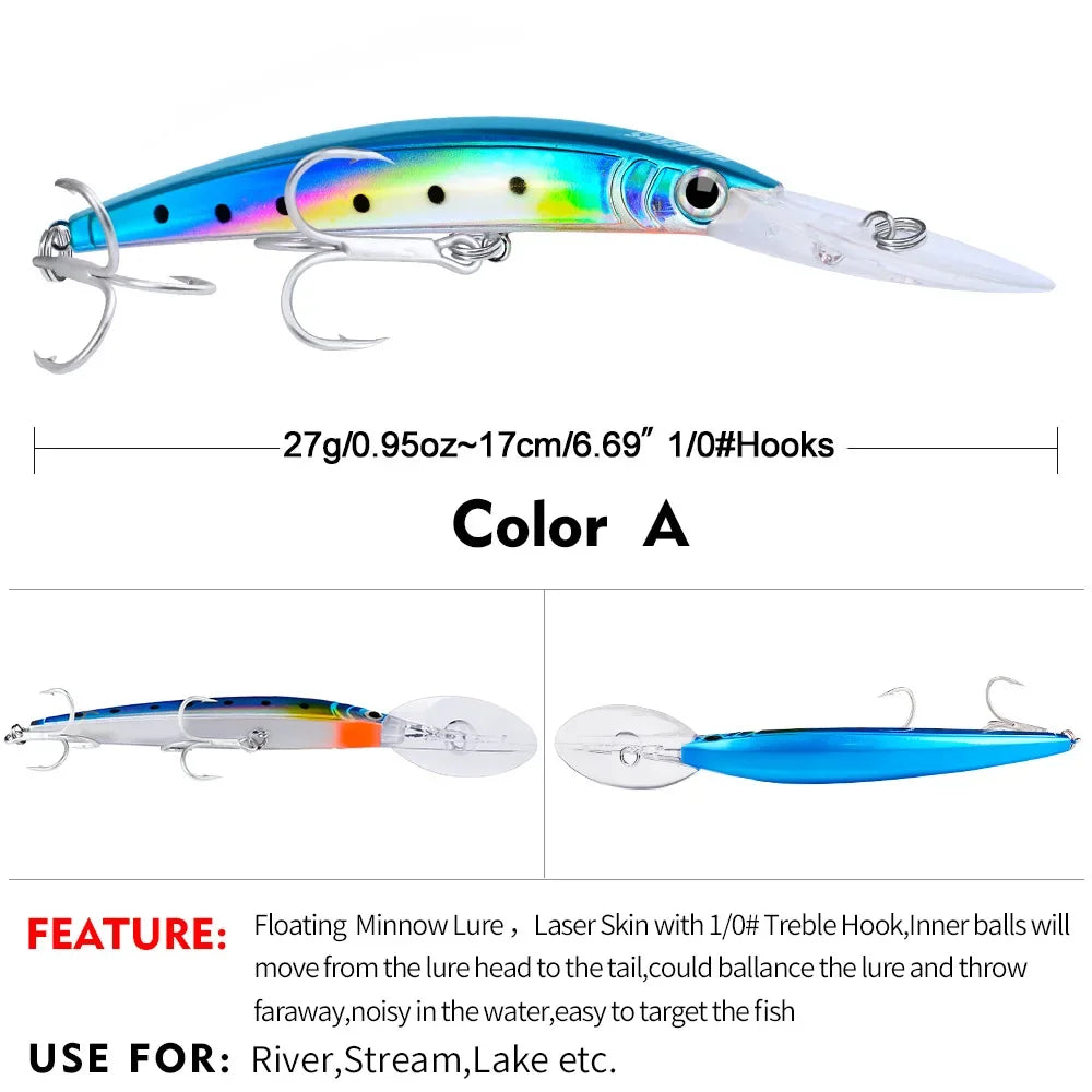 YTYIN Minnow Lure Deep Diving Hard Bait Wobbler Bass Pike