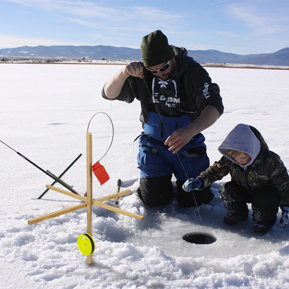 Hign Concerned Wooden Ice Fishing Tip Up With Spoon Nets