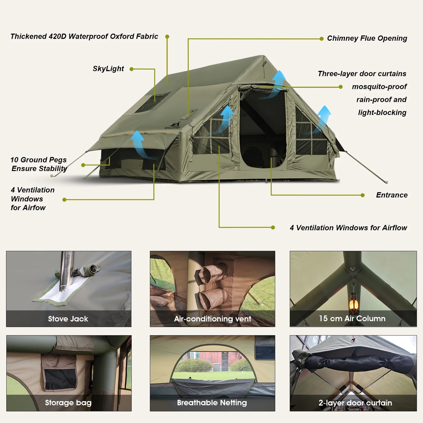 SENLEETO Waterproof Inflatable Camping Tent 4 Season Glamping With Chimney