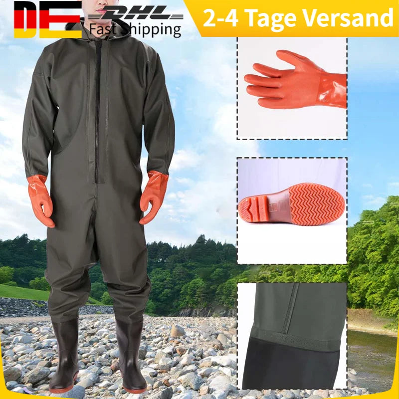 Men's Hooded Wader Waterproof Overalls Boots Gloves For Fishing